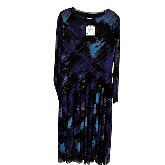 Anne Klein Large Long-Sleeve Lined Dress Abstract Print Blue Black Polyester - Picture 4 of 12